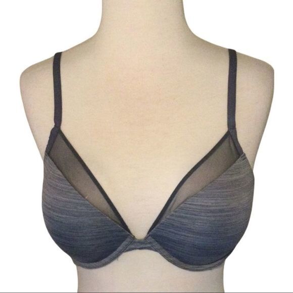 VICTORIA’S Secret Mesh Embellished Uplift Padded Plunge Gray Bra 34D - Picture 1 of 11